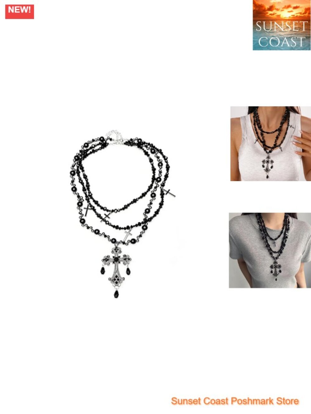 Gothic Cross Necklace Multi Layered Black Beaded Vintage Halloween Party Jewelry